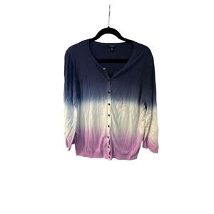 Talbots Cotton Blend Cardigan Pink White Navy Dip Dye Size XL